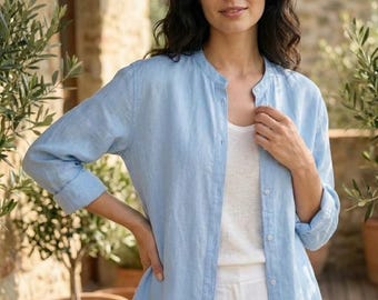 Handmade Linen Shirt Women, Relaxed Fit Button Down Blouse, Minimalist Long Sleeve Top