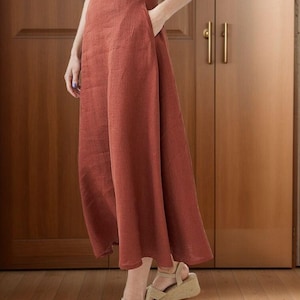 Rust linen skirt for women, high waist midi length, casual elegant summer outfit with pockets