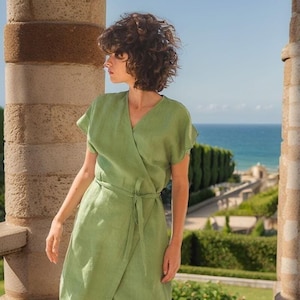 Green Linen Wrap Dress, Summer Casual Midi Dress, Soft Short Sleeve Dress for Women, Paris Style Linen Clothing