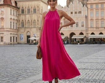 Linen Halter Neck Maxi Dress Women Sleeveless Flowy Summer Dress Relaxed Fit