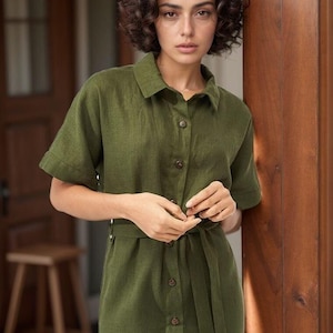 Green Linen Button Dress, Summer Casual Midi Shirt Dress with Belt for Women