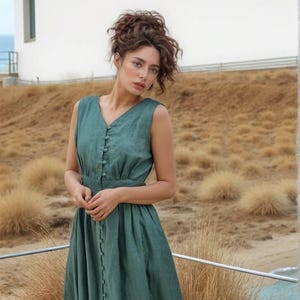 Handmade Green Linen Summer Dress: Sleeveless V-Neck Midi