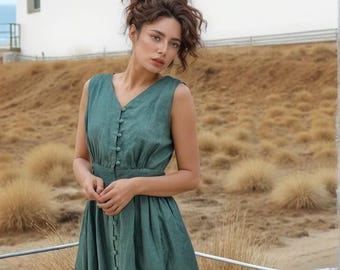 Handmade Green Linen Summer Dress: Sleeveless V-Neck Midi