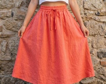Terra-Cotta Linen Midi Skirt, High Waist A-Line, Flowy Summer Skirt