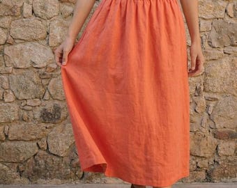 Terra-Cotta Linen Midi Skirt, High Waist A-Line, Flowy Summer Essential