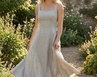 Natural Linen Midi Dres, Square Neck Linen Dress, Sleeveless Fit and Flare Dress, Smocked Back Summer Dress