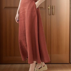 Rust Linen Skirt: High Waist Midi A-Line with Pockets