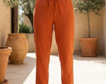 Women's Linen Wide Leg Pants, Relaxed Fit, High Rise, Handmade Trousers