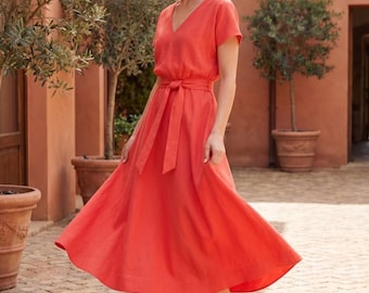 Linen Midi Dress Women Coral V Neck Belted Summer Dress Short Sleeve