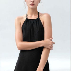 Elegant Black Linen Maxi Dress, Halterneck Backless Summer Dress, Minimalist Sustainable Fashion for Women