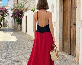 Linen Halter Maxi Dress Women Loose Summer Dress Sleeveless A Line Dress