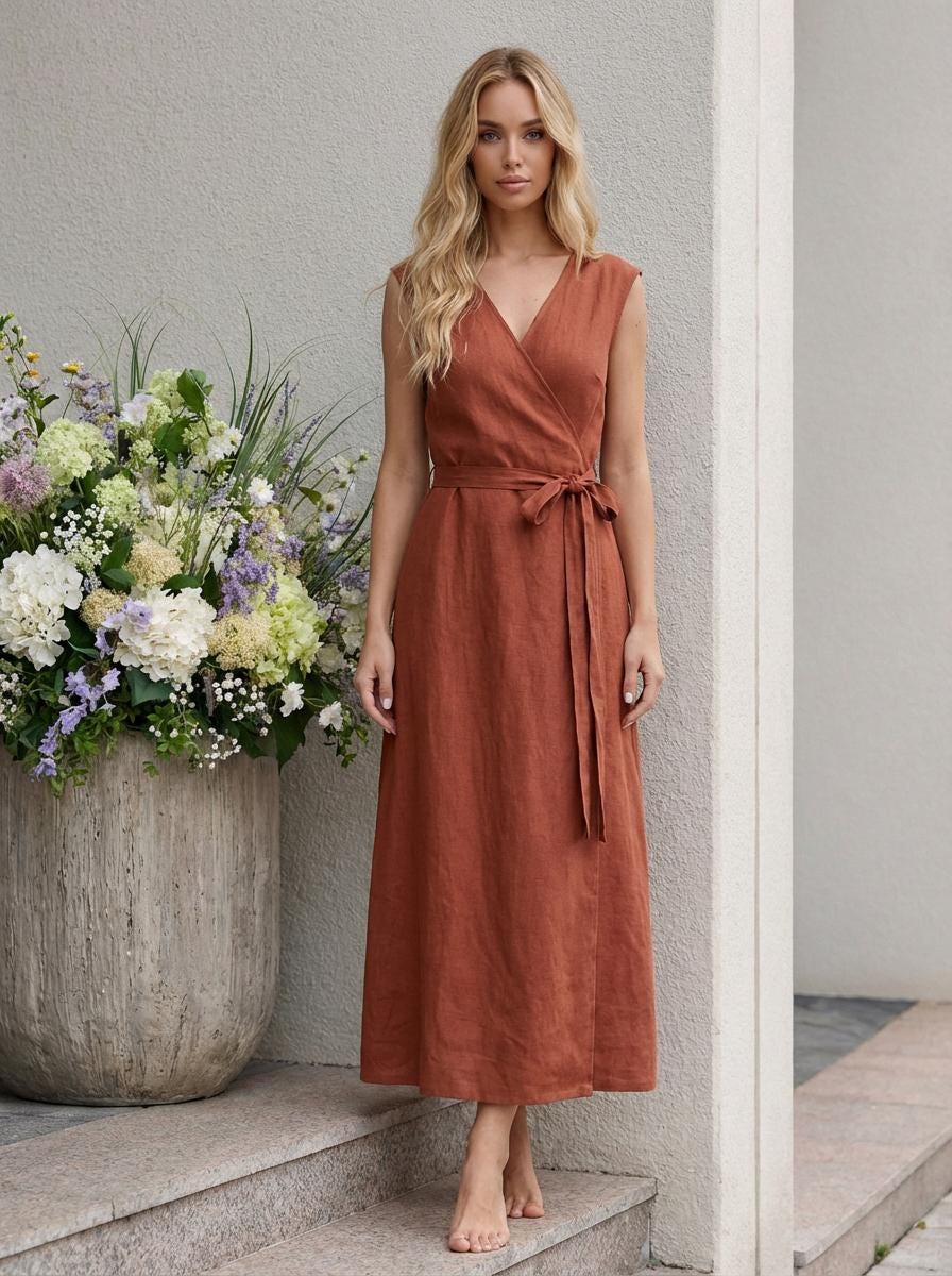 knee length dresses for ladies Beautiful Embroidered Cotton Midi Dress in Rust Colour – The Pink Threads main image 1