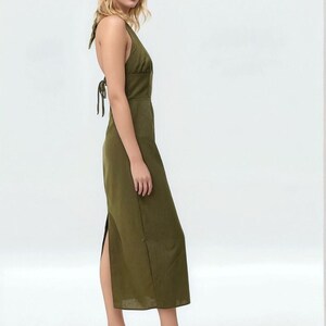 Olive Green Linen Halter Midi Dress, Backless Summer Bodycon Dress, Elegant Sustainable Fashion Outfit