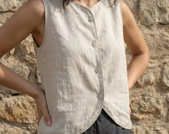 Sleeveless Linen Vest, Minimalist Button Front Summer Top