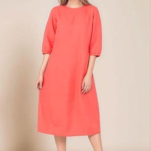 Handmade Coral Linen Midi Dress: V-Neck Summer Outfit