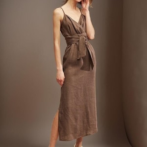 Brown Linen Wrap Maxi Dress, Summer Sleeveless Dress, V Neck Dress for Women, Adjustable Straps