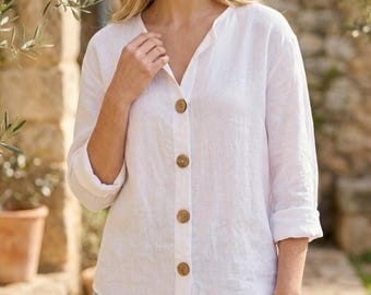 Handmade Linen Blouse, Relaxed Fit Button Shirt, Minimalist Long Sleeve Top