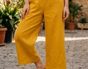 Handmade Linen Wide Leg Cropped Pants, Elastic Waist Trousers