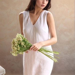 White Linen Maxi Dress, Sleeveless V-Neck Summer Dress, Elegant Long Linen Dress for Women
