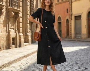 Linen Midi Dress Women Button Front Dress Short Sleeve Summer Dress Relaxed Fit