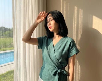 Linen Wrap Top, Tie Waist Linen Blouse, Short Sleeve Wrap Shirt, Minimal Summer Linen Top, Linen Clothing