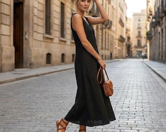 Linen Maxi Dress Women Sleeveless V Neck Dress Button Detail Summer Dress