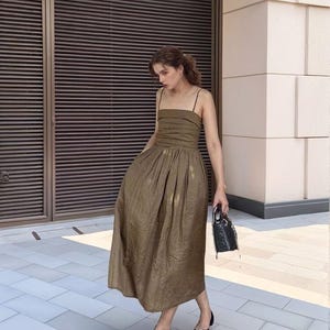 Brown Linen Spaghetti Strap Dress, Summer Midi Dress With Pockets, Elegant Flowy Sundress For Women