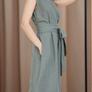 Handmade Linen Maxi Dress: Sleeveless Green Summer Dress with Tie