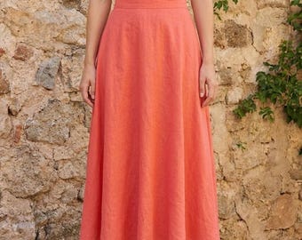 Handmade Terra-Cotta Linen Midi Skirt, High Waist A-Line, Flowy Summer Style