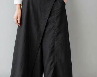 Women’s Linen Wrap Culottes – Asymmetric Wide Leg Skirt Pants with Pocket, Minimalist Loose Fit Trousers