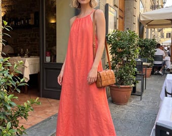 Linen Maxi Dress Women Loose Summer Dress Sleeveless Minimalist Dress
