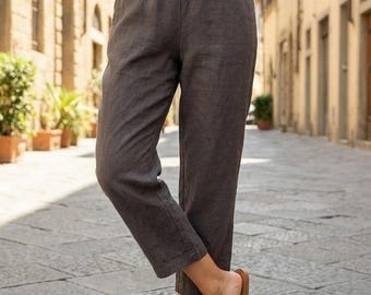 Women's Wide Leg Linen Pants, Handmade Cropped Trousers, Relaxed Fit