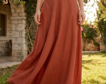 Falda larga de lino hecha a mano, falda de verano fluida de talle alto, estilo minimalista.