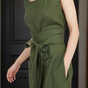 Handmade Olive Green Linen Dress: Sleeveless Midi with Tie Waist