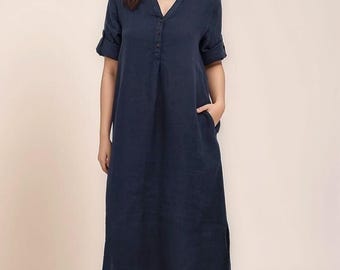 Handmade Navy Linen Midi Dress: Short Sleeve Summer Casual
