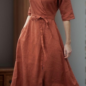 Rust Linen Wrap Dress: V-Neck Short Sleeve Midi with Pockets