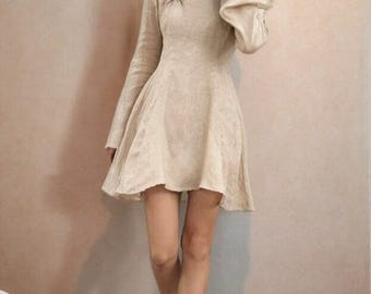 Linen mini dress a-line round neck long sleeve mini casual summer everyday wear