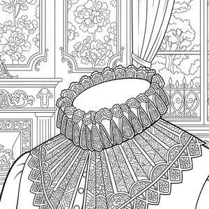 May include: Detailed black and white illustration of a historical ruff collar and shirt. The collar features intricate lace and floral patterns, with a button-down shirt visible below. The background includes floral wallpaper and a window with a curtain.