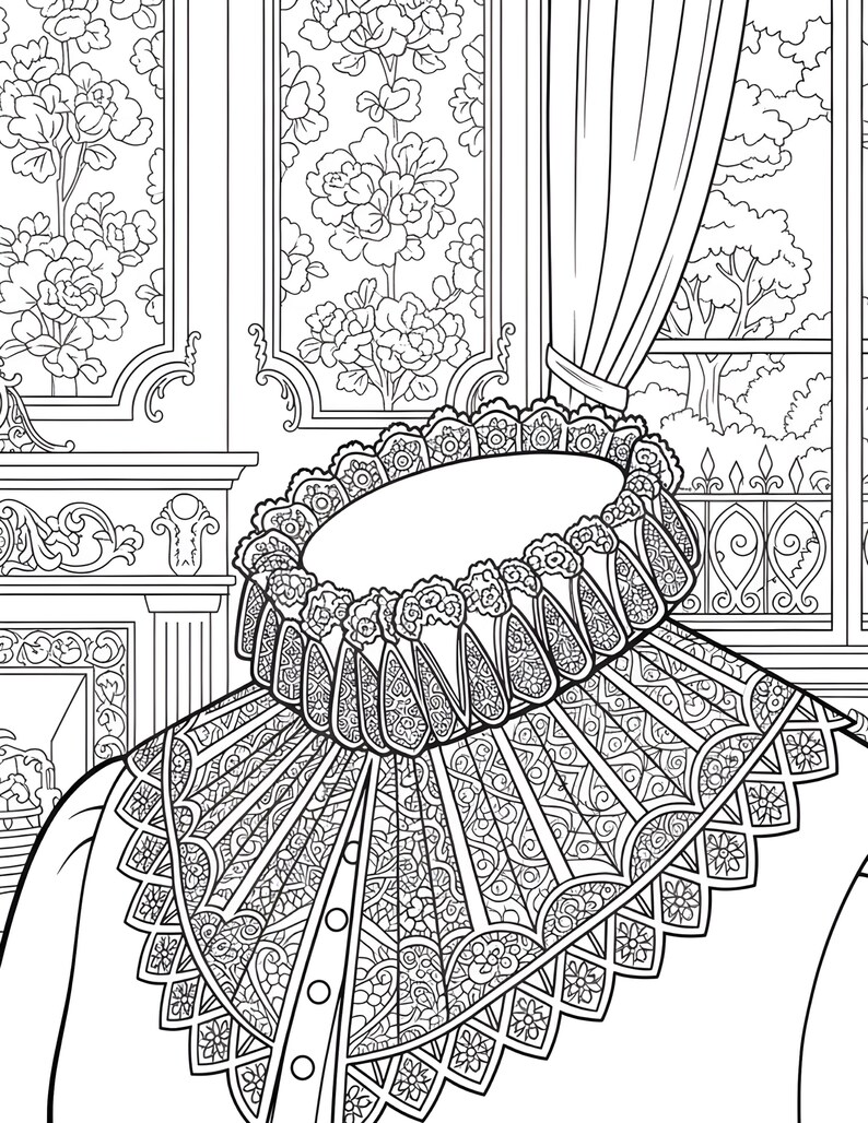 May include: Detailed black and white illustration of a historical ruff collar and shirt. The collar features intricate lace and floral patterns, with a button-down shirt visible below. The background includes floral wallpaper and a window with a curtain.
