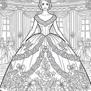 May include: Black and white line art illustration of a woman in a ball gown. The dress is decorated with floral patterns and bows. The background shows a ballroom with couples dancing.