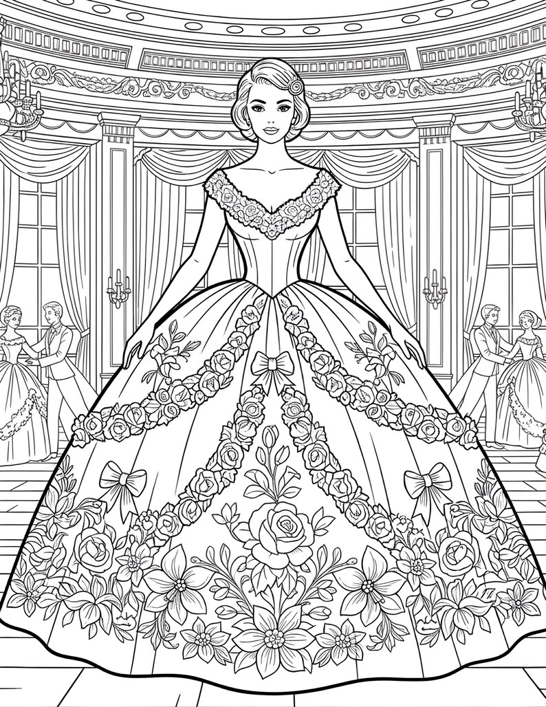 May include: Black and white line art illustration of a woman in a ball gown. The dress is decorated with floral patterns and bows. The background shows a ballroom with couples dancing.