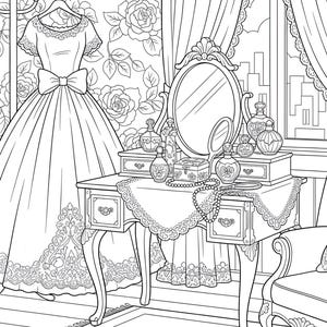 May include: An illustration of a dressing room with a vanity, mirror, and dress. The vanity is adorned with perfume bottles and a jewelry box. A dress with a large bow hangs on a rack. The background features a floral wallpaper.