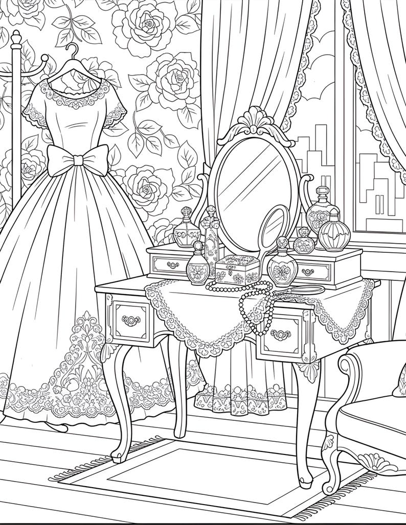 May include: An illustration of a dressing room with a vanity, mirror, and dress. The vanity is adorned with perfume bottles and a jewelry box. A dress with a large bow hangs on a rack. The background features a floral wallpaper.