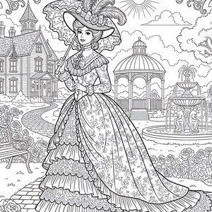 May include: Detailed line art illustration of a woman in a Victorian-era dress and hat, holding a parasol. The scene includes a large house, a gazebo, a fountain, and a rose garden, all in a coloring book style.