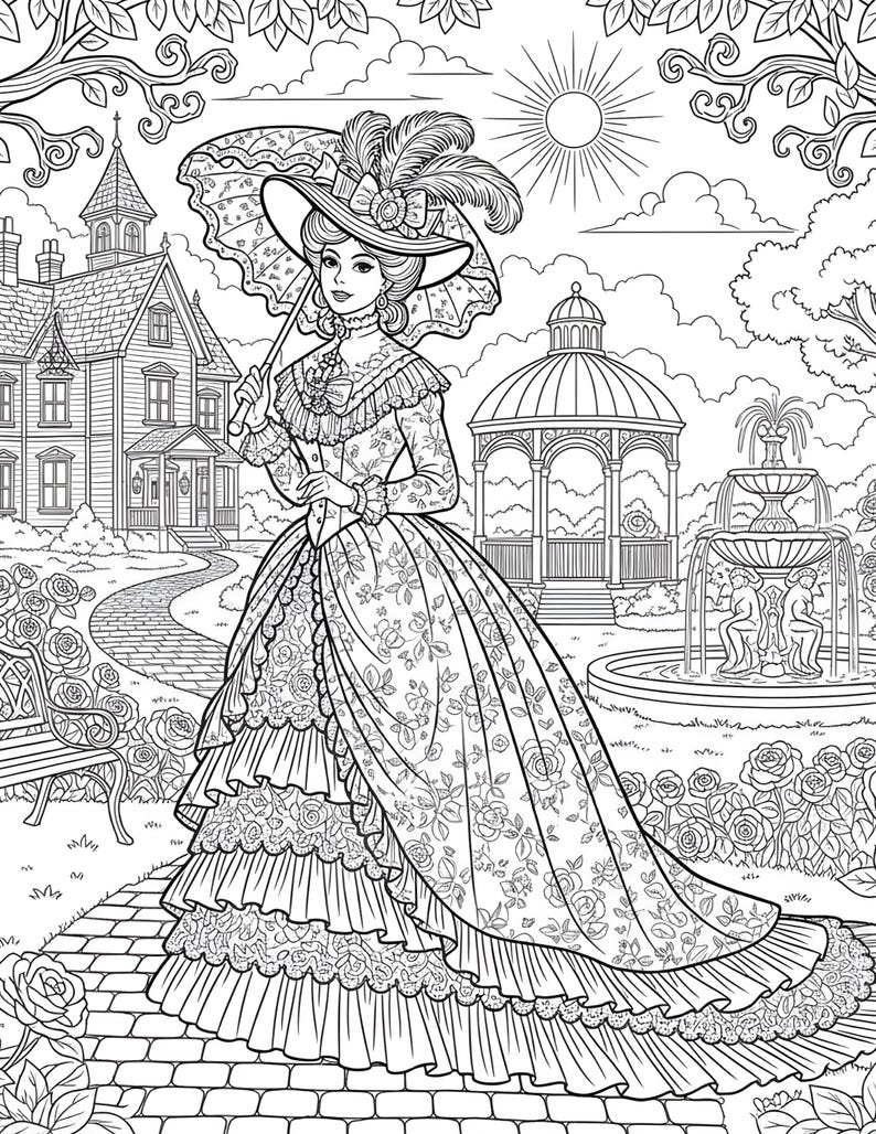 May include: Detailed line art illustration of a woman in a Victorian-era dress and hat, holding a parasol. The scene includes a large house, a gazebo, a fountain, and a rose garden, all in a coloring book style.