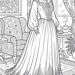 May include: An intricate line drawing of a vintage dress, featuring a high collar, long sleeves, and a full skirt. The dress is adorned with detailed lace patterns. The scene includes a patterned armchair, a table with a teapot, and floral curtains.