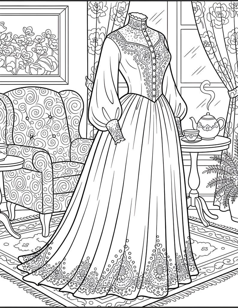 May include: An intricate line drawing of a vintage dress, featuring a high collar, long sleeves, and a full skirt. The dress is adorned with detailed lace patterns. The scene includes a patterned armchair, a table with a teapot, and floral curtains.