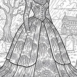 May include: Detailed black and white illustration of a Victorian-era dress. The dress features intricate floral and weeping willow patterns, a high collar, and long sleeves. The background includes a graveyard, a church, and a tree under a rainy sky.