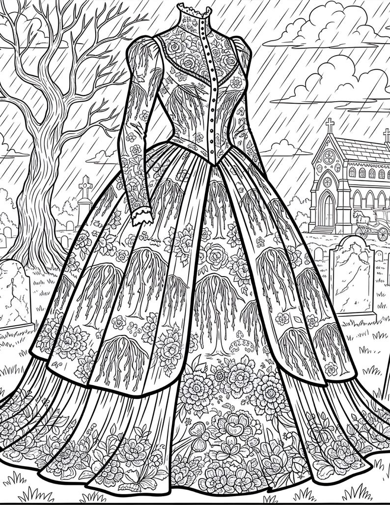 May include: Detailed black and white illustration of a Victorian-era dress. The dress features intricate floral and weeping willow patterns, a high collar, and long sleeves. The background includes a graveyard, a church, and a tree under a rainy sky.