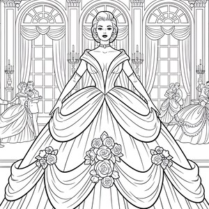 May include: Black and white line art illustration of a woman in a ball gown, standing in a ballroom. The dress features floral accents and a layered skirt. Other figures are dancing in the background.